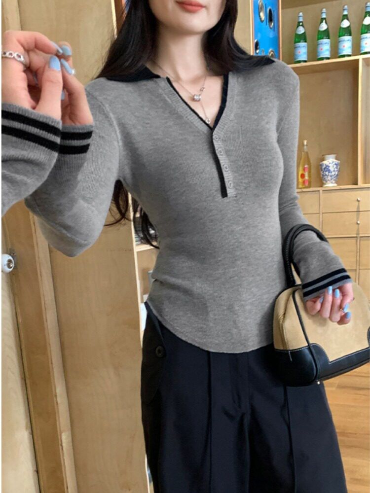 Collared Striped Button Knit Long Sleeve Top