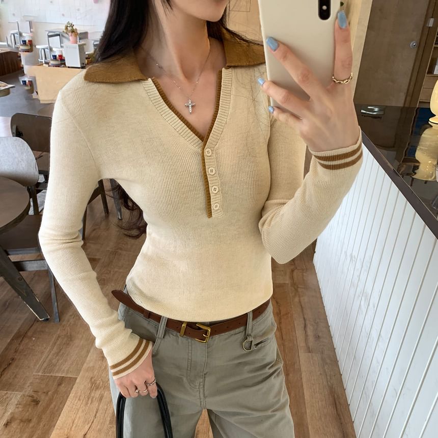 Collared Striped Button Knit Long Sleeve Top