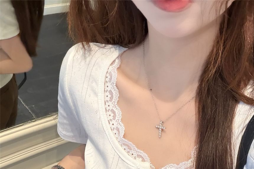 Scoop Neck Pointelle Top with Pearl Button Lace