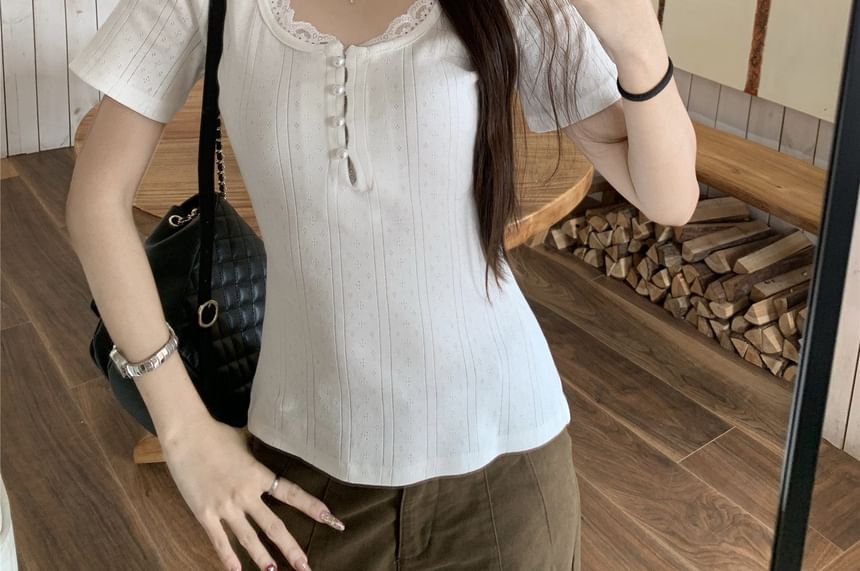 Scoop Neck Pointelle Top with Pearl Button Lace