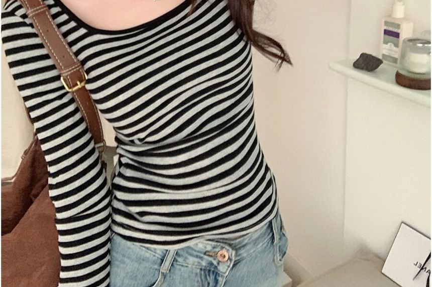 Square Neck Striped Long Sleeve Top
