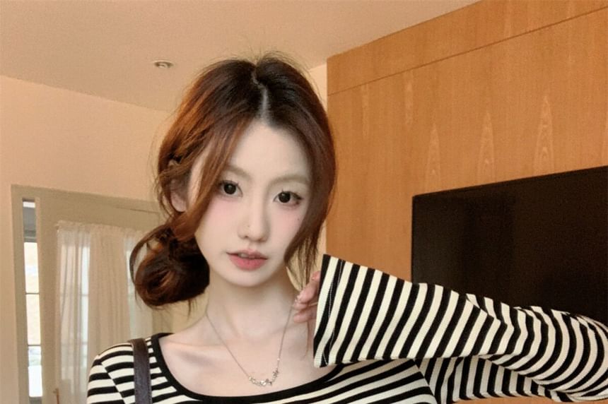 Square Neck Striped Long Sleeve Top