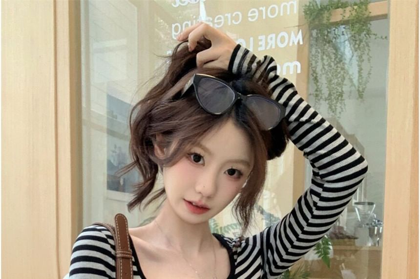 Square Neck Striped Long Sleeve Top