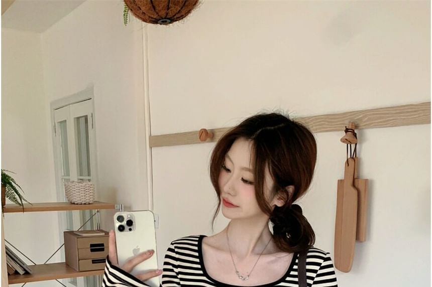 Square Neck Striped Long Sleeve Top