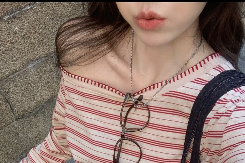 Contrast Stitch Striped One Shoulder Long Sleeve Top