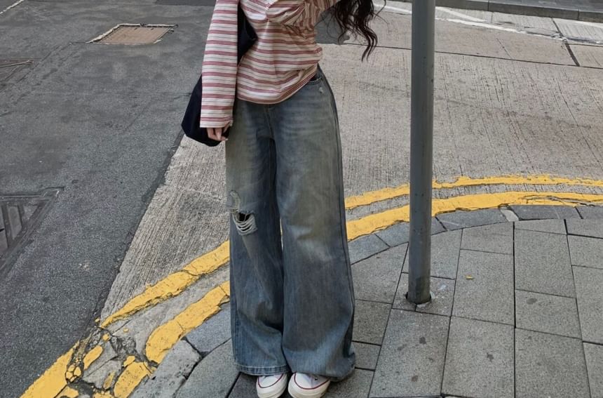 Contrast Stitch Striped One Shoulder Long Sleeve Top