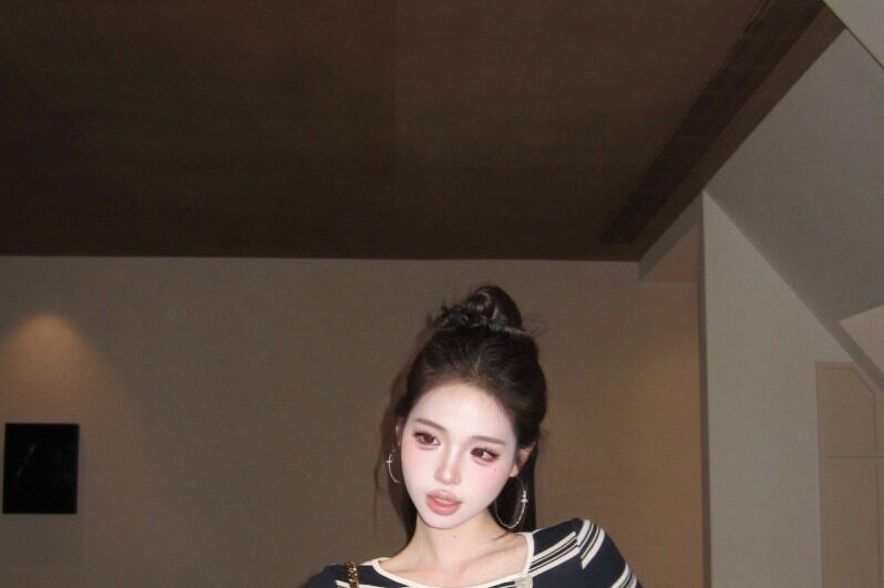 Asymmetric Neck Striped Cutout Long Sleeve Top