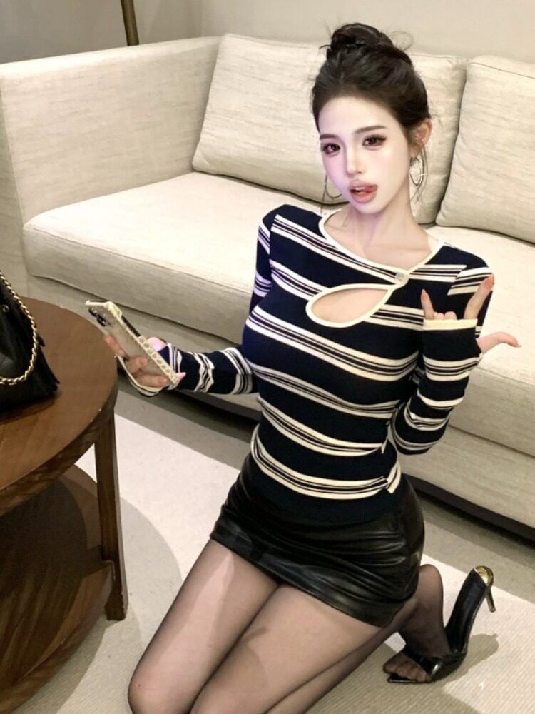 Asymmetric Neck Striped Cutout Long Sleeve Top