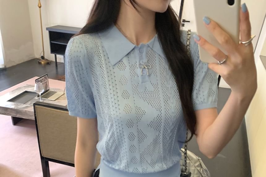 Pointelle Knit Polo Top with Short Sleeves