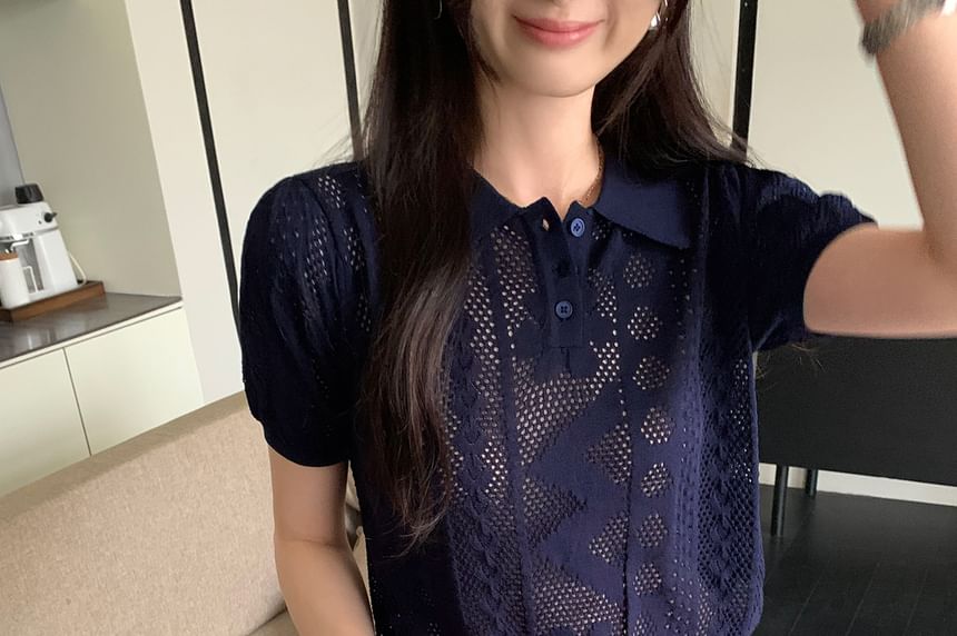 Pointelle Knit Polo Top with Short Sleeves