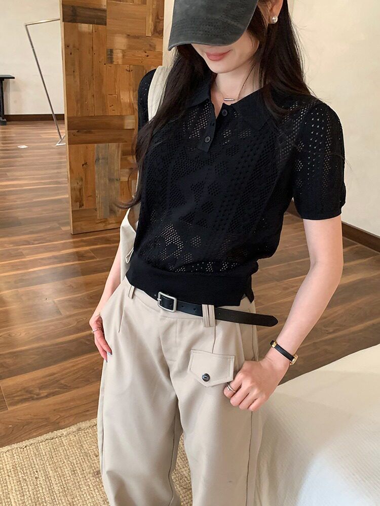 Pointelle Knit Polo Top with Short Sleeves