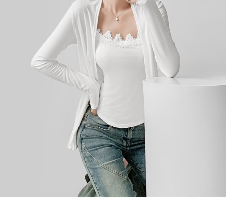 Scoop Neck Lace Trim Cami with Open Cardigan Set