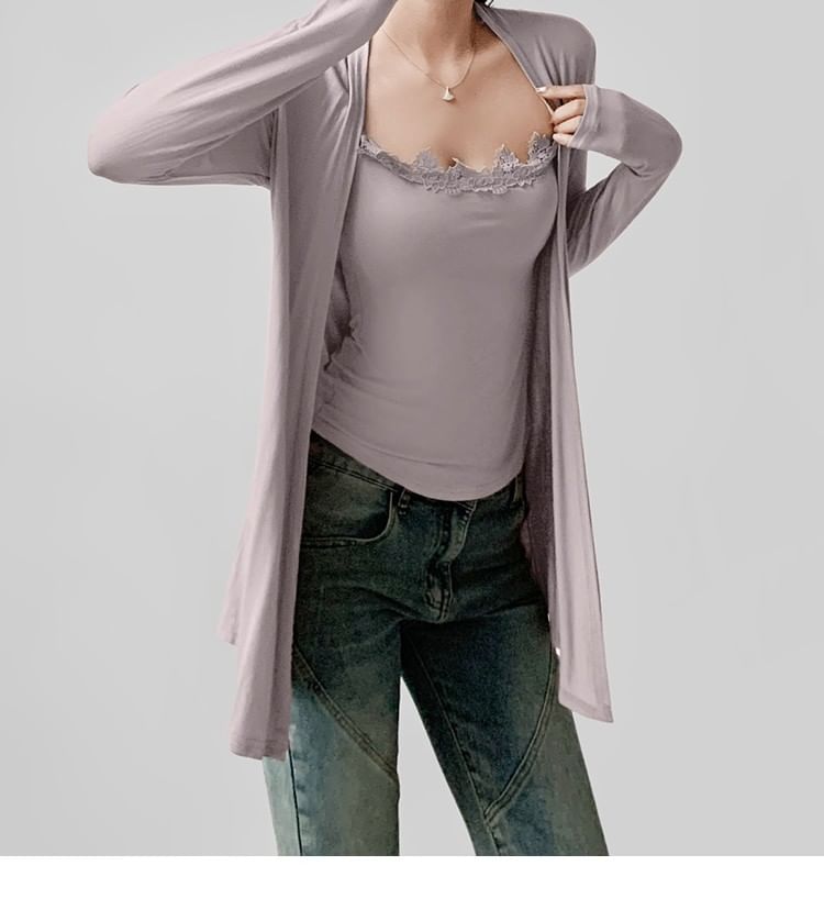 Scoop Neck Lace Trim Cami with Open Cardigan Set