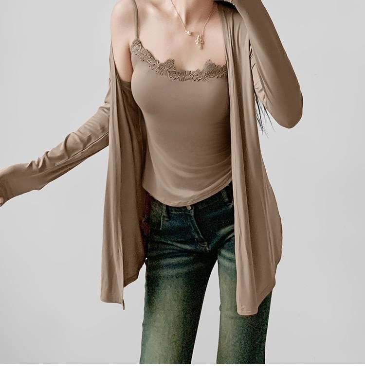 Scoop Neck Lace Trim Cami with Open Cardigan Set