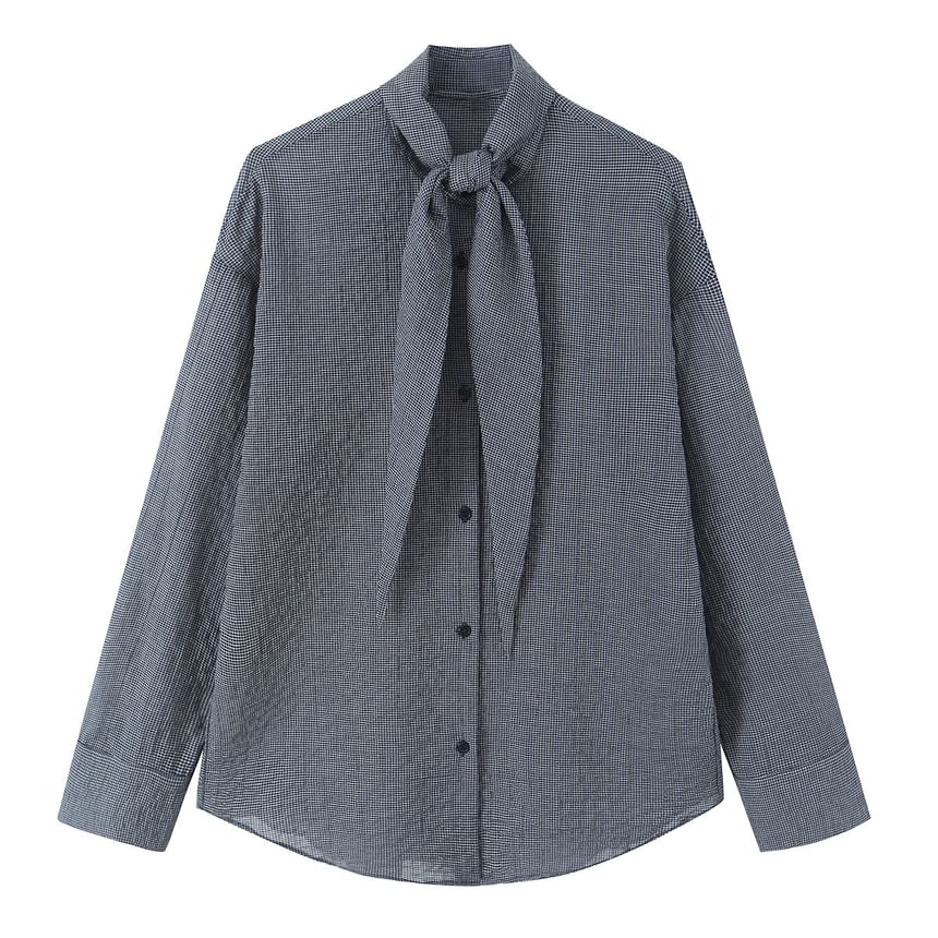 Long-Sleeve Plaid Shirt with Front Tie