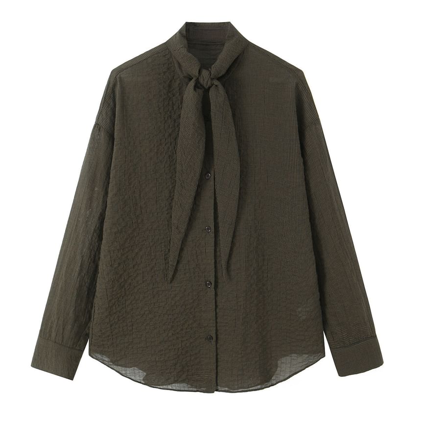 Long-Sleeve Plaid Shirt with Front Tie