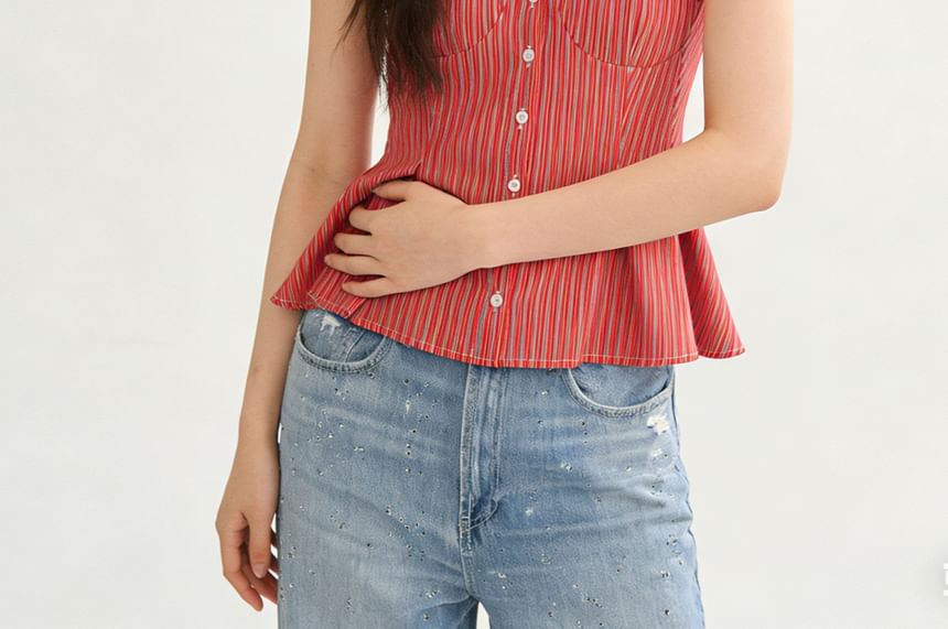 Pin-Striped V-Neck Sleeveless Blouse