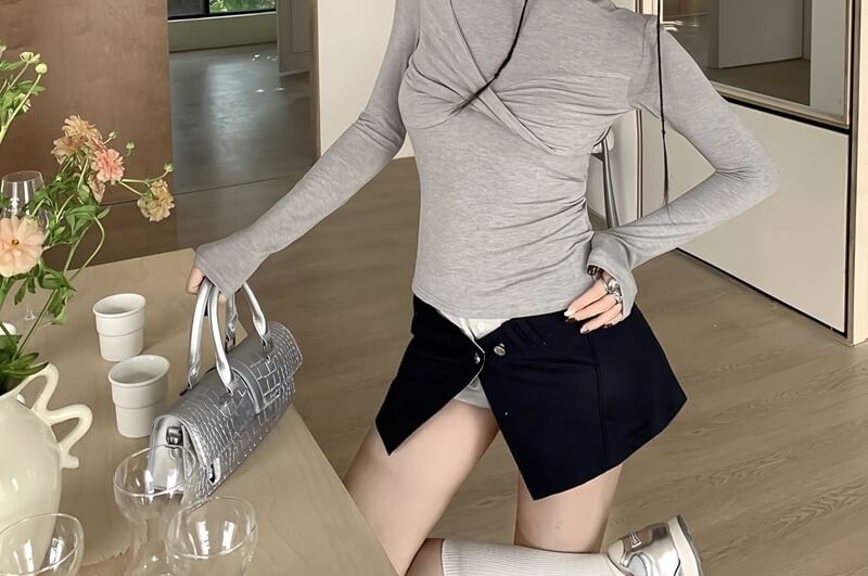 Mock Neck Cutout Ruched Long-Sleeve Top