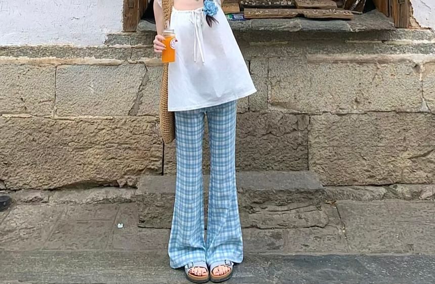 Ruffle Drawstring Cami with High-Waist Plaid Flared Pants