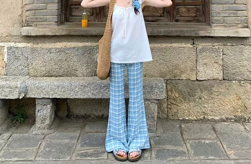 Ruffle Drawstring Cami with High-Waist Plaid Flared Pants