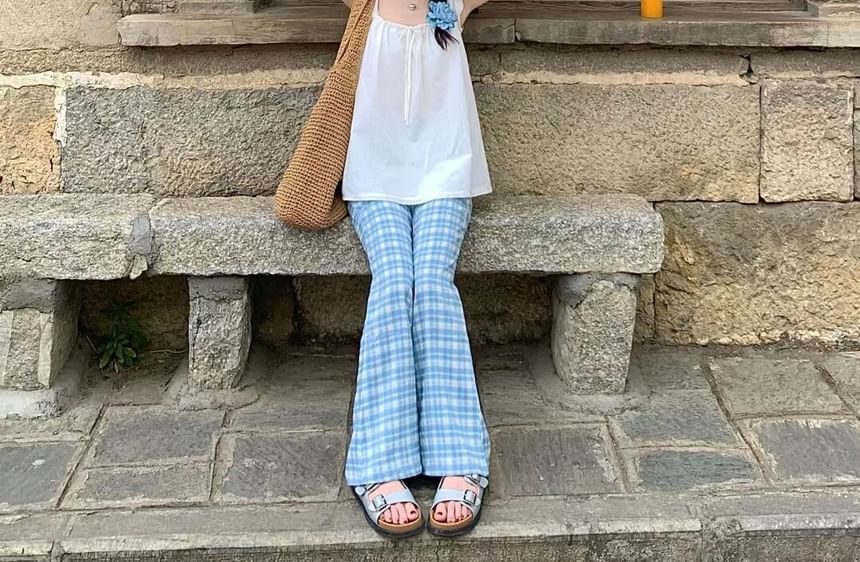 Ruffle Drawstring Cami with High-Waist Plaid Flared Pants