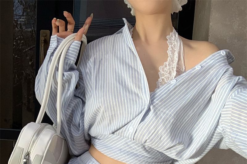 Striped Crop Shirt, A-Line Skirt & Lace Top Set