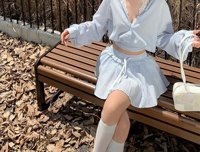Striped Crop Shirt, A-Line Skirt & Lace Top Set