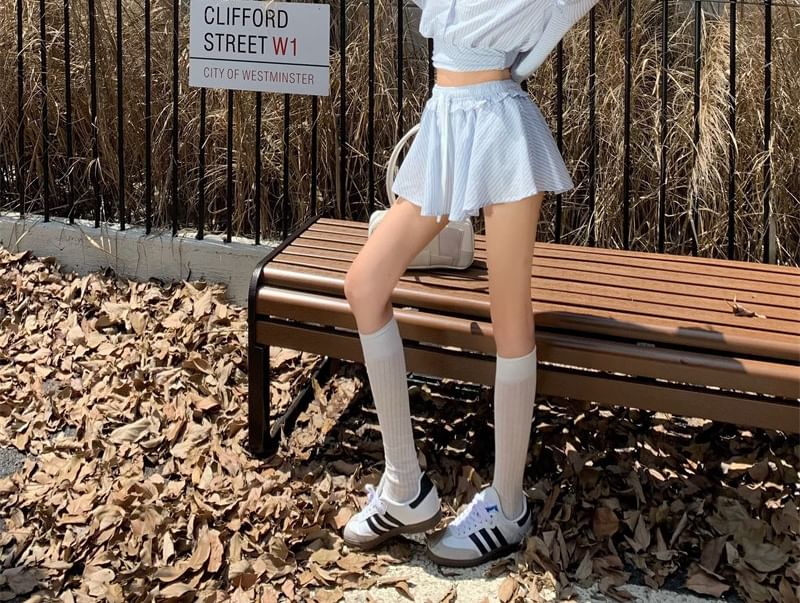 Striped Crop Shirt, A-Line Skirt & Lace Top Set