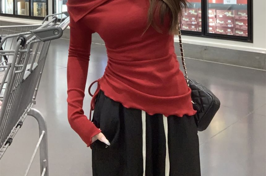 Drawstring One Shoulder Long Sleeve Top