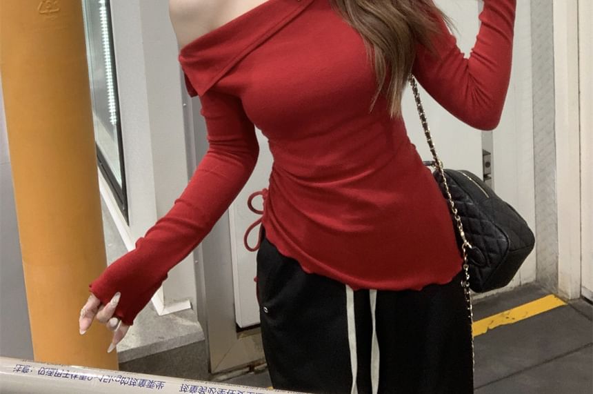 Drawstring One Shoulder Long Sleeve Top