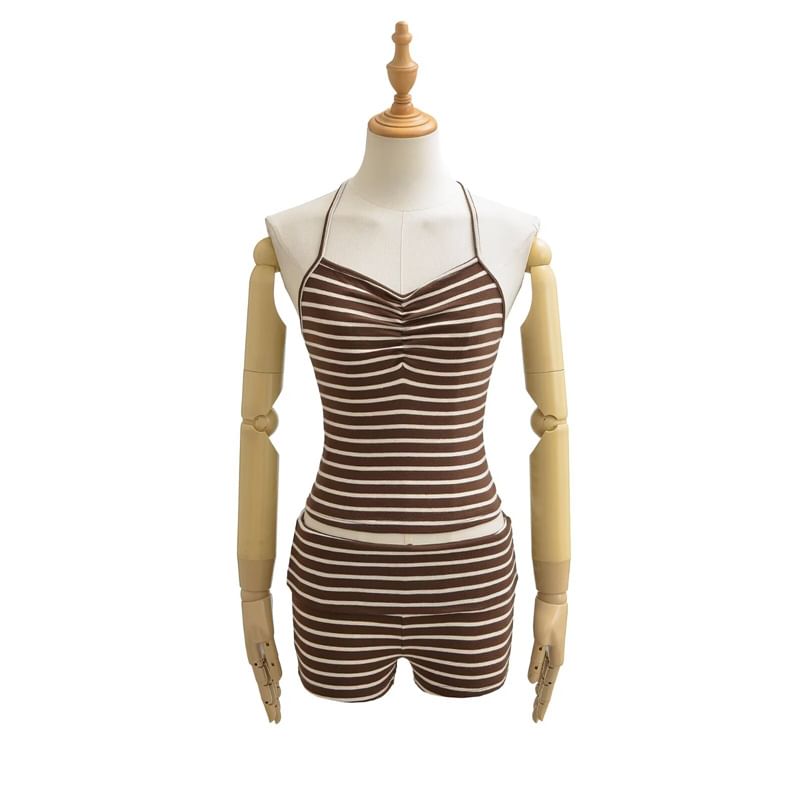 Halter Neck Striped Backless Crop Top with Low-Rise Shorts