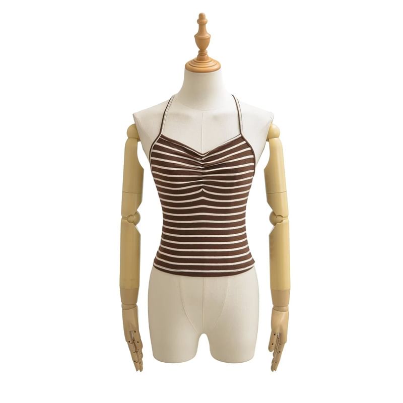Halter Neck Striped Backless Crop Top with Low-Rise Shorts