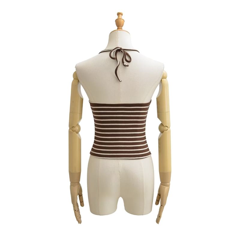 Halter Neck Striped Backless Crop Top with Low-Rise Shorts