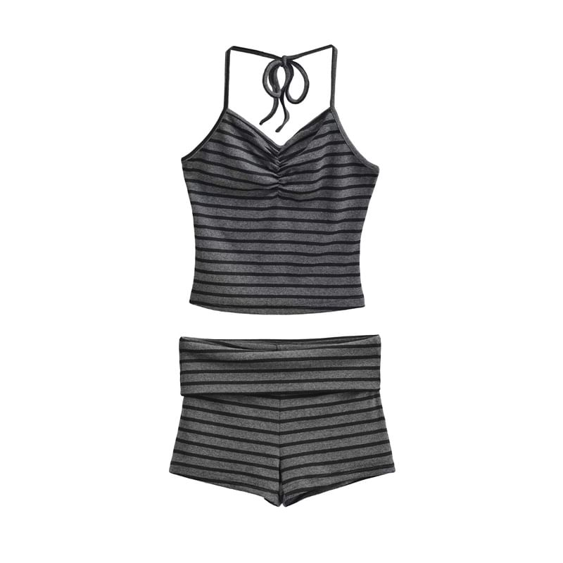 Halter Neck Striped Backless Crop Top with Low-Rise Shorts
