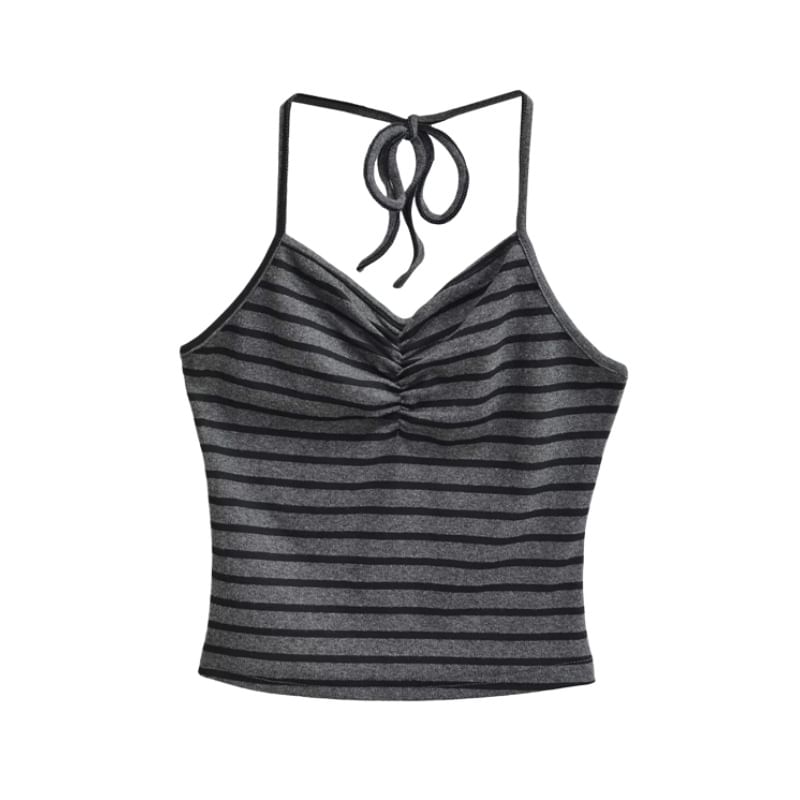 Halter Neck Striped Backless Crop Top with Low-Rise Shorts