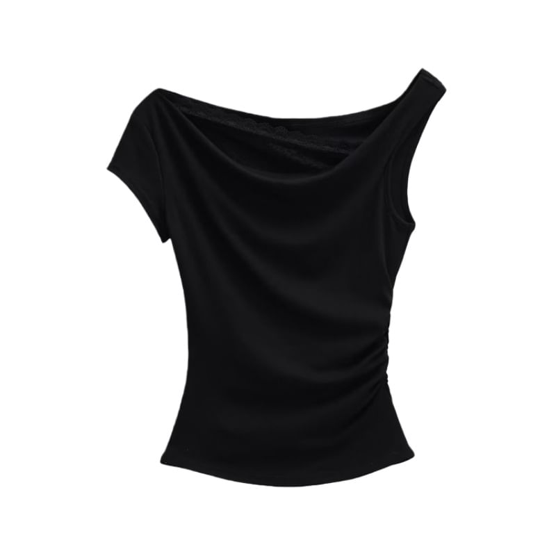 Off-Shoulder Lace Panel Ruched Cropped Tee