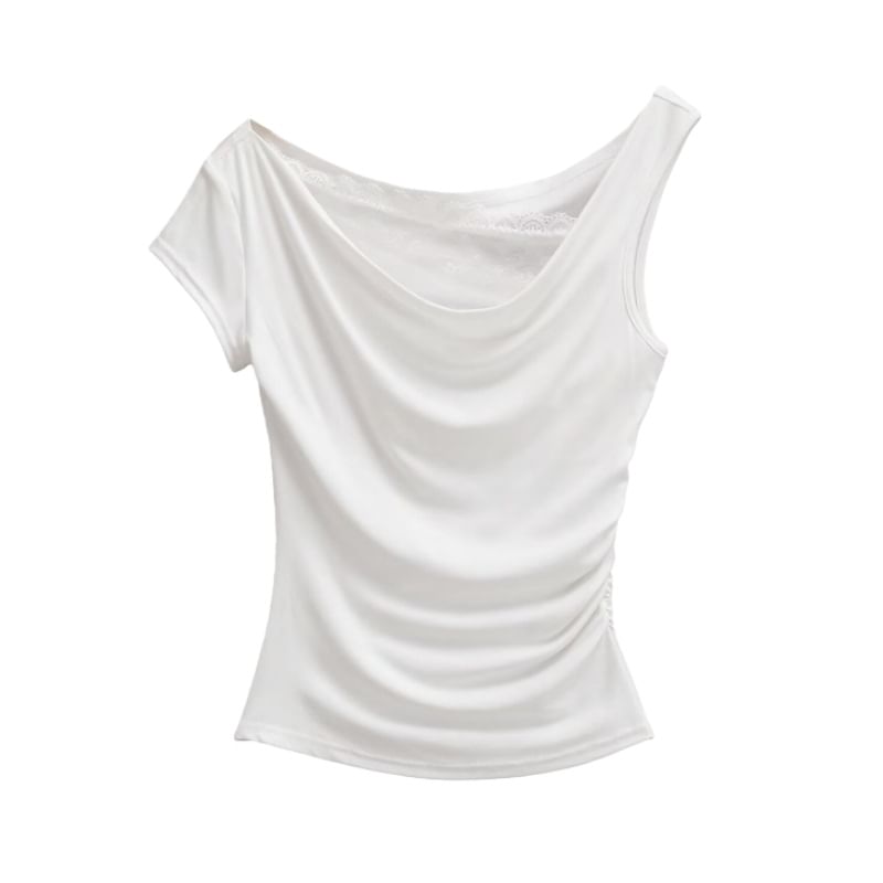 Off-Shoulder Lace Panel Ruched Cropped Tee