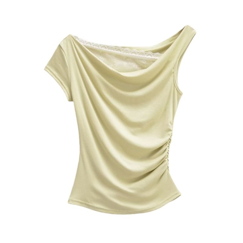 Off-Shoulder Lace Panel Ruched Cropped Tee