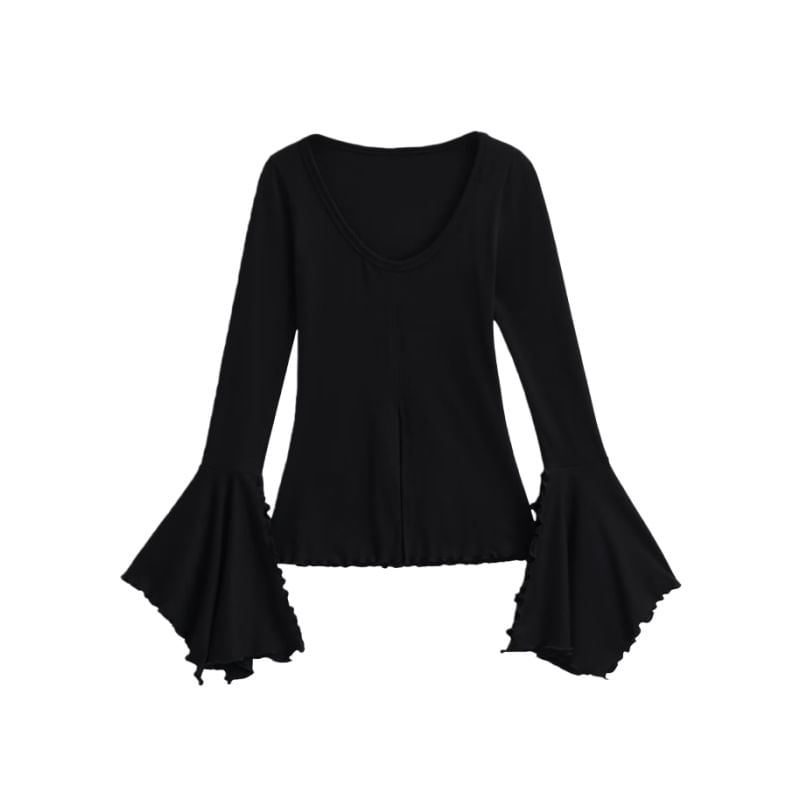 Scoop Neck Lettuce Edge Slit Long-Sleeve Tee