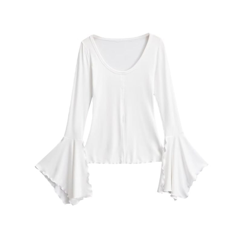 Scoop Neck Lettuce Edge Slit Long-Sleeve Tee