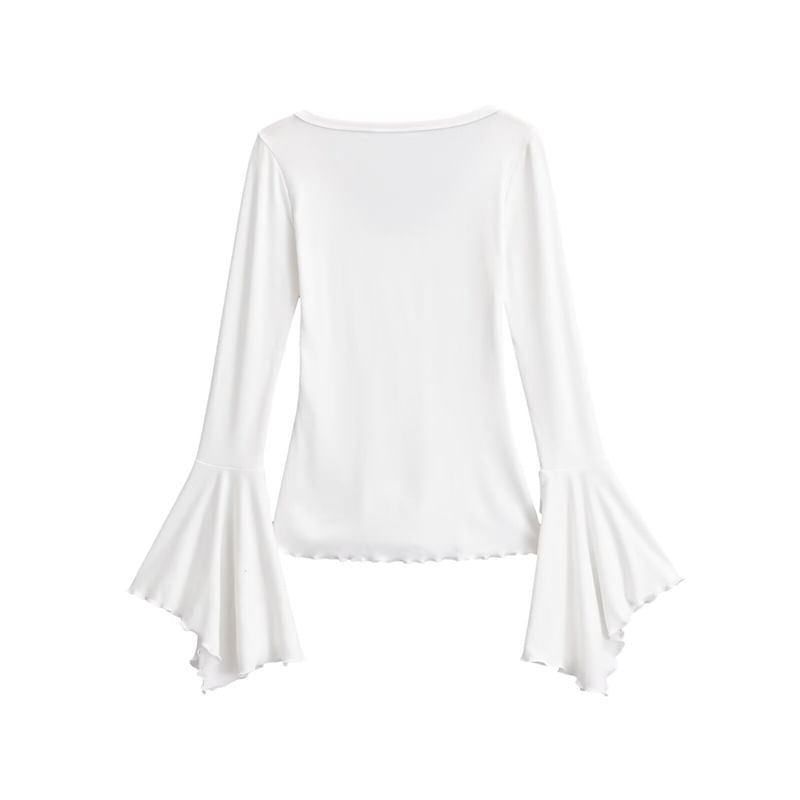 Scoop Neck Lettuce Edge Slit Long-Sleeve Tee