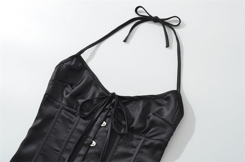 Halter Neck Tie-Front Backless Crop Corset