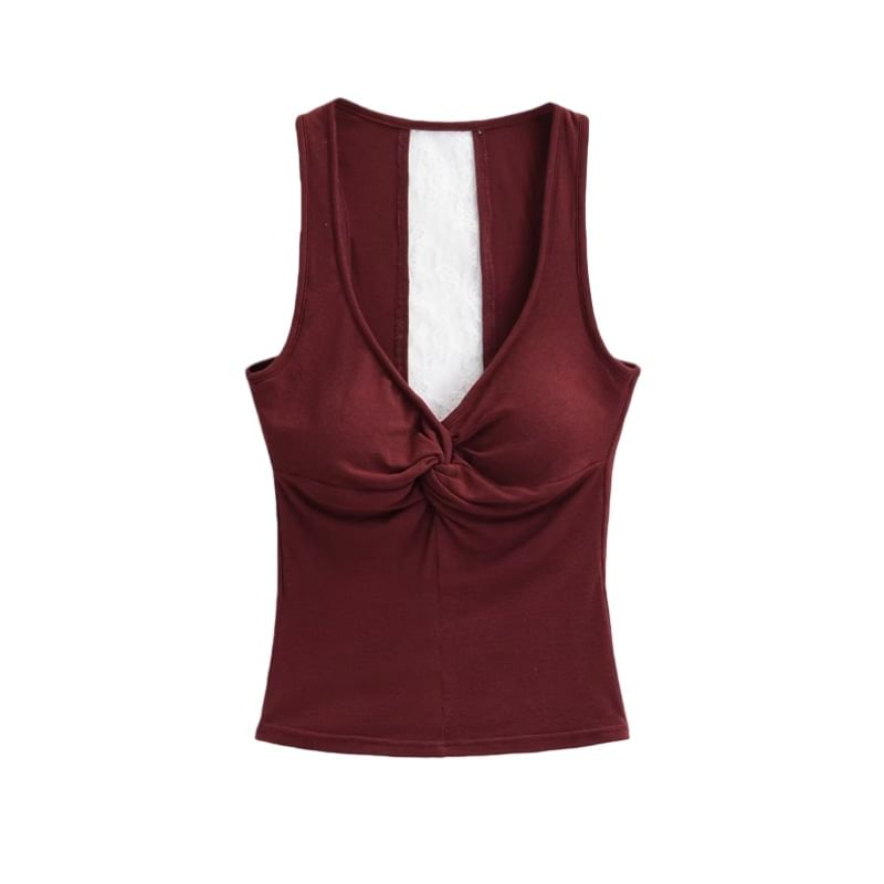 V-Neck Lace Trim Padded Crop Tank