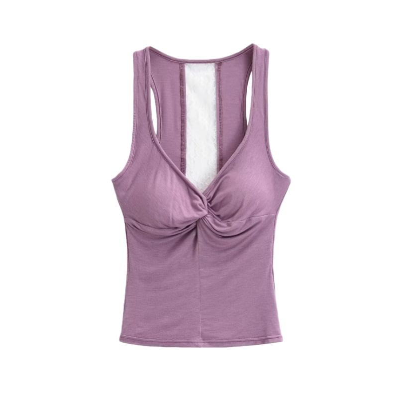 V-Neck Lace Trim Padded Crop Tank