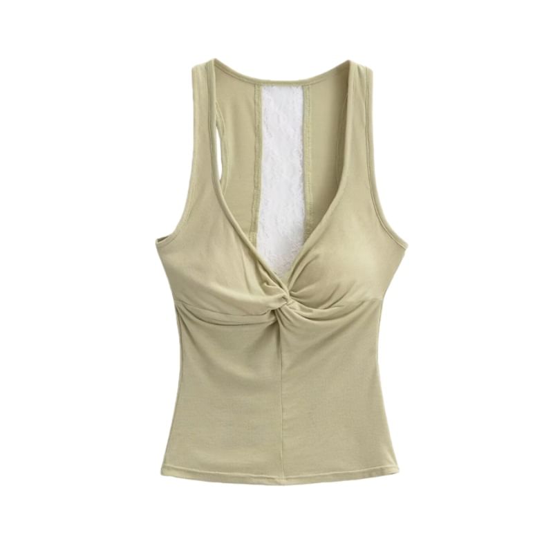 V-Neck Lace Trim Padded Crop Tank