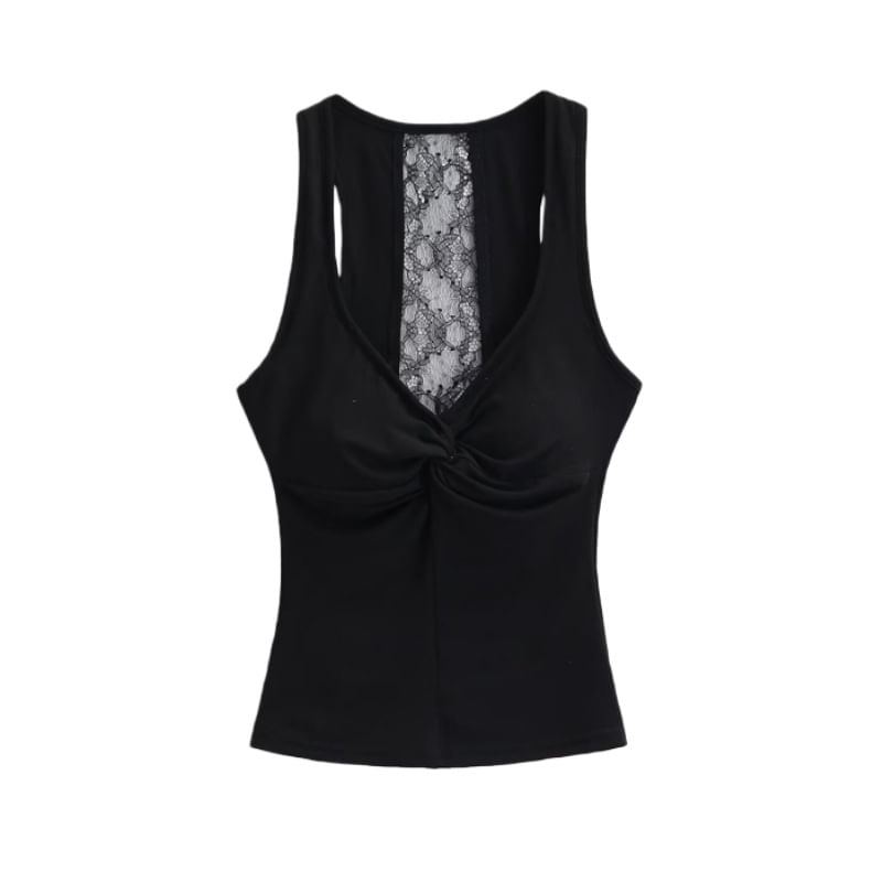 V-Neck Lace Trim Padded Crop Tank