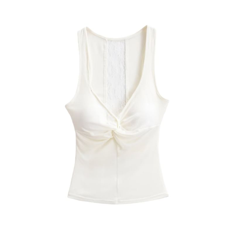 V-Neck Lace Padded Crop Tank Top Ruched