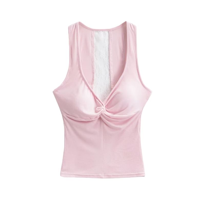 V-Neck Lace Trim Padded Crop Tank