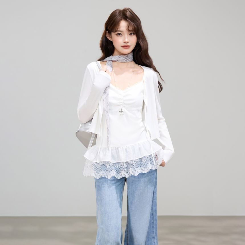 Lace Panel Ruched Camisole & Tie Front Crop Cardigan Set