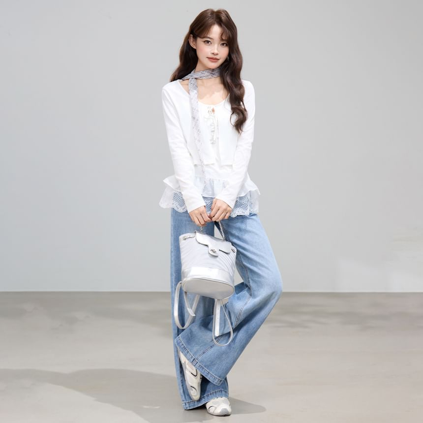 Lace Panel Ruched Camisole & Tie Front Crop Cardigan Set